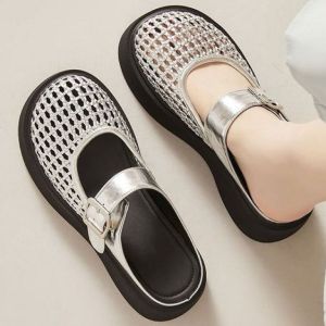 [FreeShipping] Thick-soled closed-toe slippers for women 2026 summer new style flat-soled wedge heel hollowed-out breathable half-slippers