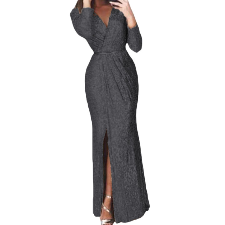 huahankuang Women Slim-fitting Glossy Dress Date Night Dress Sparkling  Sequin Deep V Neck Maxi Dress for Wedding Party Prom Elegant Long Sleeve  Formal Evening Gown with Split Hem and Elastic Waist |