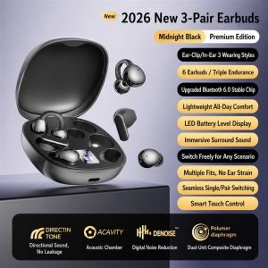 NEWMSNR Wireless Bluetooth Earphones Digital Battery Display Charging Case 3 Pairs 6 Earbuds Clip On Semi In Ear Designs for Music Podcasts Videos Daily Listening Smartphones Tablets Laptops Home Office Travel Black Beige Purple 3 in 1 Set