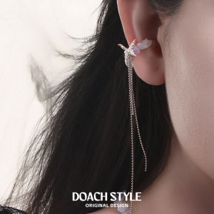 DOACH Smart Butterfly Opal Ear Clip Sterling Silver Womens Light Luxury High-end Niche Design Long Tassel Ear Bone Clip