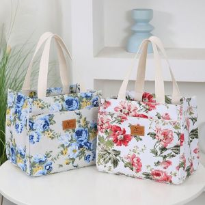 ANGY Foil Lining Floral Print Lunch Bag Zippered Insulated Handbag Multifunctional Japanese Style Tote Bag Women
