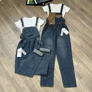TIENSTYLE - Set Yếm Quần Xanh Rút Dây Eo Áo Thun Trắng Phom Ôm Yếm Quần Nữ Phối Nâu Nhún Eo