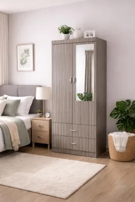 Siap Pasang Almari Baju 2 Pintu 2 Laci Dengan Cermin Wardrobe