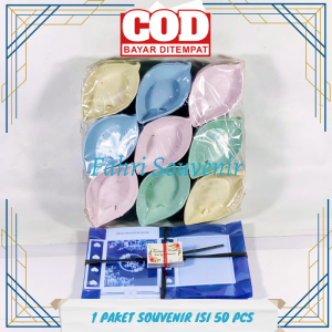 Souvenir Pernikahan Ultah dan Khitanan Mangkok Daun Warna Pastel Kemasan Mika Motif Di Pisah ISI 50