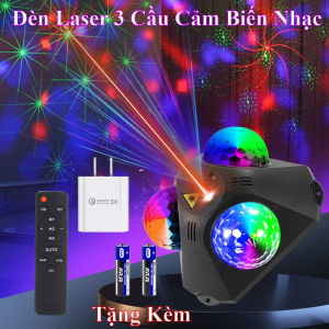 [Mẫu 2025] Đèn Laser 3 Cầu Xoay 7 Màu Cảm Biến Nhạc Phủ Rộng 90-100m2. Tặng Pin và Củ Nguồn 33W