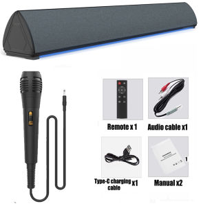 【1 Year Warranty】Rsionch Sound Bar Karaoke with Microphone 20W Bluetooth Speaker for Smart TV Videoke Wired and Wireless Mic Soundbar Built-in Subwoofer Echo Home Theater 3D Surround Stereo with LED Light
