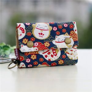 XINSU38 Portable Canvas Coin Purse Print Three Fold Maneki Neko Wallet Practical Lucky Cat Zipper Short Wallet Student