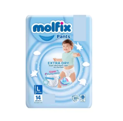 Molfix Extra Dry โมลฟิกซ์ ผ้าอ้อมเด็กเเบบกางเกง รุ่นเอ็กซ์ตร้าดราย แพ้นท์ L 14 ชิ้น