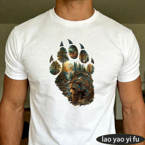 [Local Stock] HBESTY  Bear Paw Print Nature Landscape Graphic T Shirt Men Tee Animal Tracking Art Top Summer Outdoor Hike Casual T Shirt