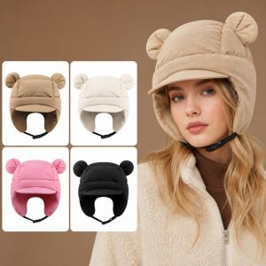 JING Warm Thermal Layer Bear Ears Hat Windproof Padded Ear Protection Hat Adjustable Strap Earflap Cap Winter