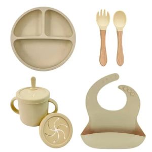 Food Grade Silicone Child Dish Set Baby Feeding Bowl Suction Plate Straw Cup Wooden Spoon Fork for Kids Tableware Toddler Dishes2026