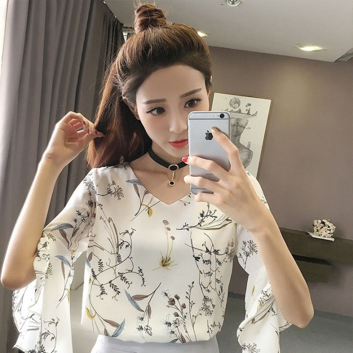 Blouse Shirt For Women Long Sleeve Printed V-neck Chiffon Floral