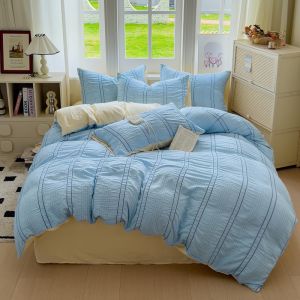 Dansunreve 4 ชิ้นเกาหลีชุดเครื่องนอน 6ฟุต 5ฟุต 3ฟุต seersucker ชุดผ้านวม (1 * ผ้านวม + 2 * ปลอกหมอน+1*ผ้าปูที่นอน ) ชุดผ้านวมลายทางสสไตล์อิเกีย
