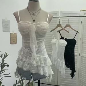 324Womens 2025 Lace Spaghetti Strap Camisole With Breast Pads Irregular Ruffled Top Y2k Essential Streetwear Daily Outfits 1139