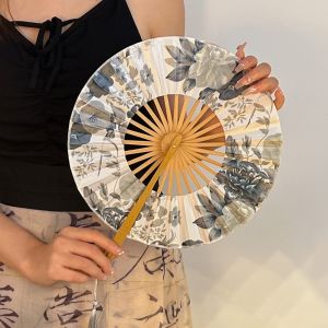 FOUNDTWO Bamboo Handle Folding Hand Fan Exquisite Round Windmill Fan Art Hand Fans Elegant Hand Circular Fan Wedding Party Decor