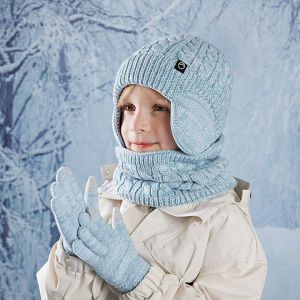 MELODI Fleece Lined Childrens Hat Neck Scarf Gloves Set Winter Warm Kids Earflap Beanies 4-10Y Thick Neck Warmers for Boys and Girls