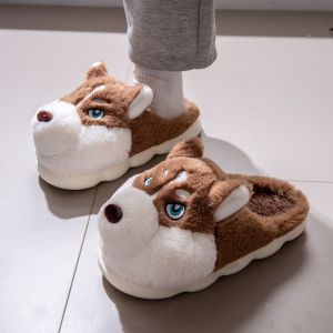 XUANY Anti Slip Plush Husky Slippers Soft Soled Thick Warm Dog Plush Slipper Funny Winter Autumu Women Man Cotton Slippers Autumn Winter