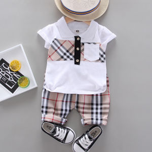 Anak anak Anak laki laki Polo kemeja kotak kotak Celana pendek kasual Kapas Jas Baju Katun Pakaian Setelan