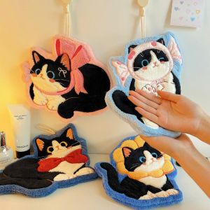 DFGY 2pcs Coral Fleece Cartoon Cat Hand Towel Water Absorption Hanging Kitchen Towel Cute Skin-friendly Bathroom Hand Cloth Dinning Table