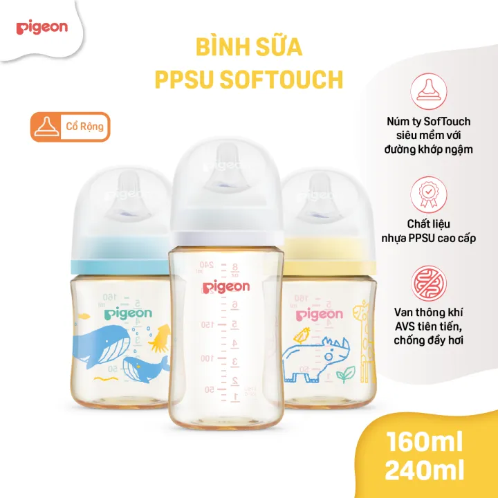Bình sữa chống đầy hơi Pigeon cổ rộng cho bé sơ sinh núm ti siêu mềm chống sặc cho trẻ 160ml/240ml chính hãng