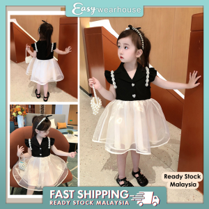 EASY WEARHOUSE Girls Princess Pearl Black Dress Children Fashion Classy Birthday Baby Tutu Dress Flying Baju Raya 2024