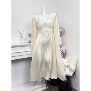 HT856 Set váy ngủ và áo choàng LYLY tay loe kèm ĐỆM LÓT lụa phối ren dáng suông tôn dáng HT856