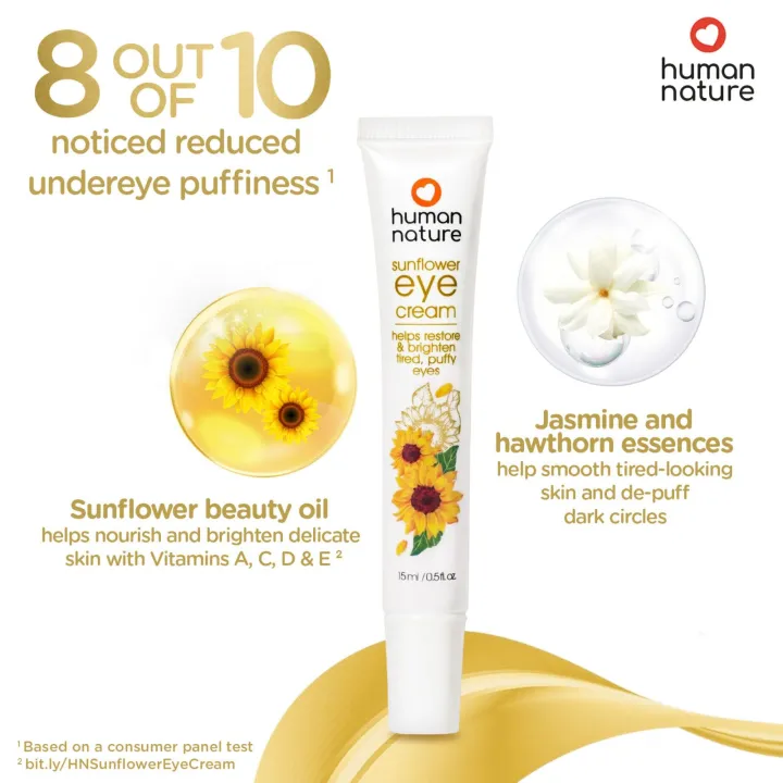 Human Nature Sunflower Eye Cream 15ml 100% Natural with Sunflower Beauty Oil | Nourishing, Brightening, Depuffing, Smoothening (No Harmful Chemicals)
