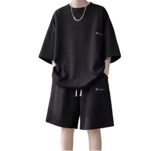 Fashion T-shirt and shorts 2-Piece set Textured jacquard fabric Exquisite label Oversize Elastic waist Sports suit M-3XL