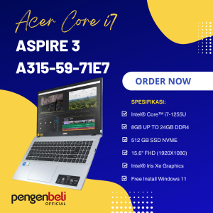 Acer Aspire 3 A315-59-71E7 with Intel i7 Gen 12 | 24GB RAM | 512GB SSD | 15.6" FHD | WIFI 6 | Free Install Windows 11 | Garansi 1 Tahun