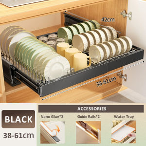 GSlife ⭐No Punching⭐Adjustable 38-61cm Pull Out Basket Stainless Steel 304 Cabinet  Kitchen Plate Organizer Pull Out Dish Rack