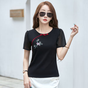 Women Short Sleeve Round-neck T-shirt Chiffon Sleeves Embroidery Chinese Style Tops 95% Cotton