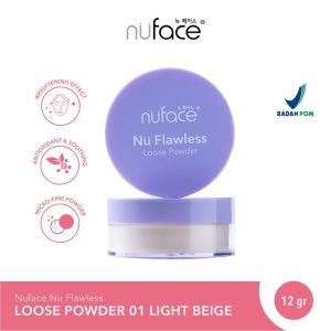 NUFACE Nu Flawless Loose Powder Indonesia / Bedak Tabur 12g / Moist & Creamy Texture / Velvety Feel + Antioxidants / Smooth / Luminous Skin / Brightening Effect / Soothing / Micro Fine Flawless / Shade Light Medium Warm Beige / Cosmetic Face Makeup Series