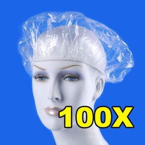 TCHIRR 100pcs/Pack Top Selling Disposable Clear Travel Camping Accessories Elastic Hair Salon Shower Caps Bathroom Products Hotel Shower Bathing Cap