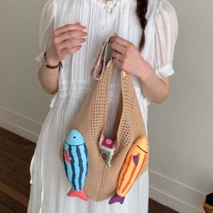 XEANG Summer Cotton Crochet Shoulder Bag ic Buckle Fish Tassels Beach Handbag Casual Contrast Color Hollow Out Woven Bag Girls