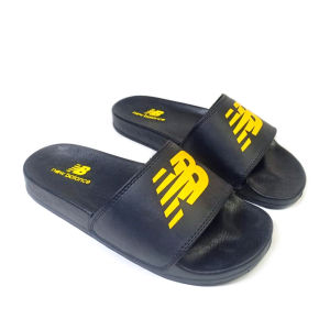 Sandal Slide New Balance Hitam List Kuning Gaya Korea Bahan Kulit PU Nyaman untuk Pria dan Wanita