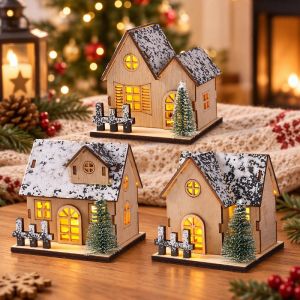 Wooden Mini LED Christmas Village House Ornament Luminous Desktop Glowing Cabin Xmas Gift For Holiday Home Decoration