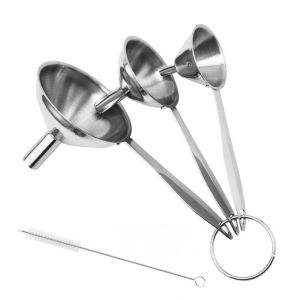 3PCS Stainless Steel Funnel Set Oil Soy Sauce Liquid Transfer Long Handle Funnel with Cleaning Brush