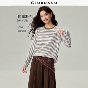 Giordano Women 100% cotton striped embroidery long sleeve tee Free Shipping 05326862