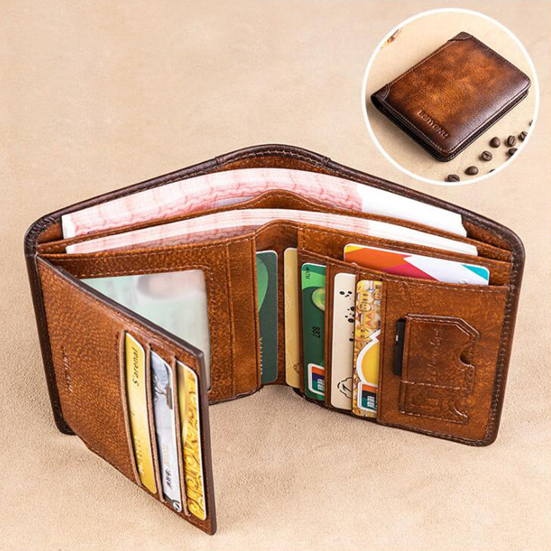 BANYANU Vintage Style Genuine Cow Leather Credit Card Holder Three Folding RFID Protective Wallet For Men. 