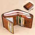 BANYANU Vintage Style Genuine Cow Leather Credit Card Holder Three Folding RFID Protective Wallet For Men. 