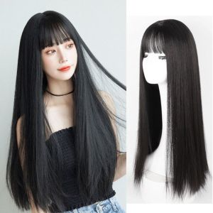 【Fast delivery】[YAN K] 60cm Long Straight Hair Wig with Bangs Women Natural Hair Clip in Topper Toupee Hairpiece Hair Extensions-COD