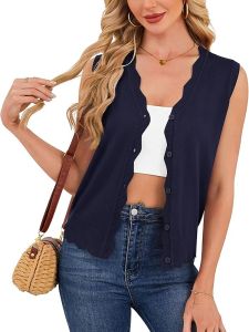 Womens Sleeveless  V  Buttoned Collar Cardigan Knitted Shawl Sweater Lightweight Fan-Shaped Vest Open Front Cardigan
