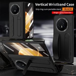 เคสสำหรับ Honor หน้าจอด้านหน้า V3มายากลพับได้ตัวยึดสายรัดข้อมือหน้าจอเคสโทรศัพท์บานพับป้องกันรวมทุกอย่างฟิล์มแก้ว HD ผิวสัมผัสเคสป้องกันการกระแทกลายนิ้วมือ