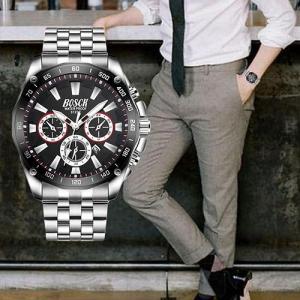 Bosck Man TachyMeter กระจก sapphire กันรอยขีดข่วน นาฬิกาข้อมือ ผู้ชาย สายเหล็ก แฟชั่น สายสแตนเลสเงิน ขอบหยัก รุ่น Bosck Men/Silver