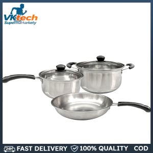 3Pcs Saucepan Set Stainless Steel Cookware Set with Glass Lids and Stay Cool Handle for All Types of Cookers