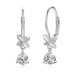 2024 Trend Real 925 Silver 5mm Round Moissanite Clover Drop Clip Earrings for Women Four-leaf Flower Valentine Wedding Jewelry