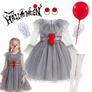 Halloween New Gray Joker Costume Girls Satin Patchwork Fluffy Mesh Dress Carnival Cosplay Creepy Clown Children Dress Up Clothes