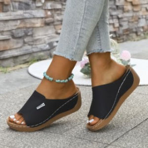Free Shipping 2026 Summer Beach Open-Toe Slip-On Sandals Large Size 43 One-Strap Wedge Heel Thick-Soled Fish-Mouth Sandals