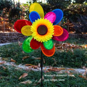 CRUSHES Multistyles Rainbow Sunflower Windmill Diameter 32/38/40cm Double-layered Glitter Rotating Sunflower High Quality PVC Garden Yard Wind Spinner Outdoor Party Picnic Decor