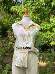 JUNE LINEN A14 - Áo sơ mi sát nách nữ in họa tiết Vải LINEN TƯNG PREMIUM.